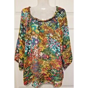 CJ Banks Women's Top Geometric Multicolor Round Neck 3/4 Balloon Sleeve Size X